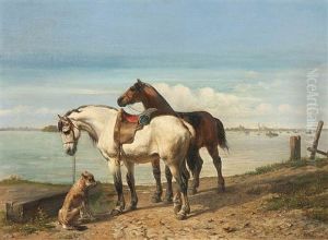 View Of The River Scheldt With Two Saddled Horses And A Dog At The Crossing With A City In The Distance