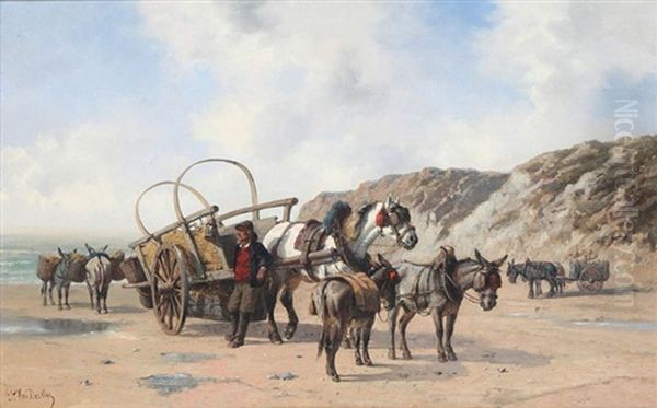 Beach View With Fisherman, Donkeys, Horses And Cart - view 1