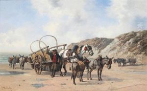 Beach View With Fisherman, Donkeys, Horses And Cart by Paul Van Der Vin