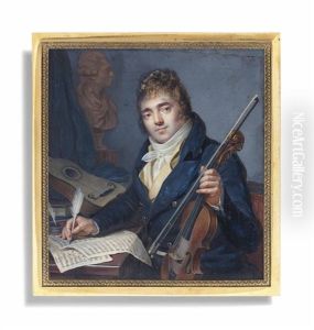 A Young Musician, Seated At A Table With A Violin And Bow In His Left Hand, A Quill In His Right Hand, Writing A Musical Score At A Table Set With An Ink Box And Guitar by Antoine Paul Vincent