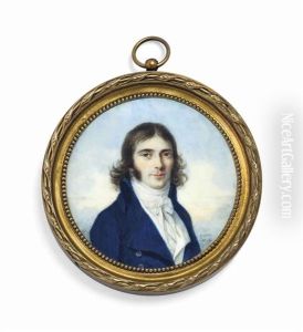 A Young Gentleman, In Blue Coat With Silver Buttons, White Waistcoat And Knotted Cravat, Gold Hoop Earring And Long Curling Brown Hair