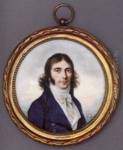 A Young Gentleman In Blue Coat With Silver Buttons, White Waistcoat And Tied Cravat, Gold Hoop Earring And Long Curling Brown Hair