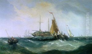 Fishing Boats And Other Vessels On A Choppy Sea by Charles Vincent