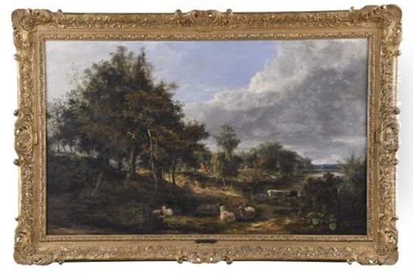 An Extensive Wooded River Landscape With Cottages, Cattle And Sheep In The Foreground - view 1