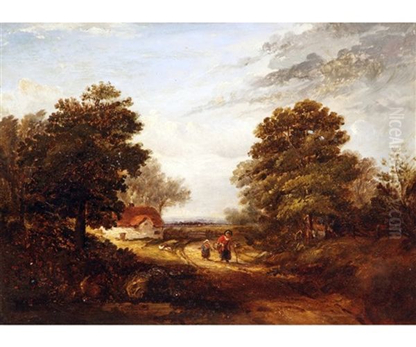 Figures In A Wooded Lane With Cottage In Distance - view 1