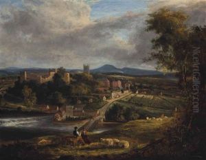 Shepherds Resting On A Hillside With A Riverside Town Beyond