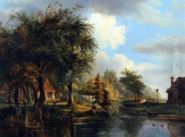 The River Yare With Cottage And Young Man Fishing From The Bank - view 1