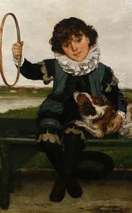 Portrait Of A Boy With A Cavalier King Charles Spaniel And Hoop