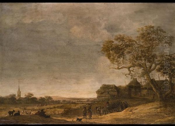 Hollandische Landschaft Mit Einem Pferdegespann Vor Einem Dorf - view 1