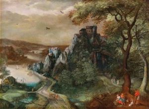 An Extensive Mountainous River Landscape With A Castle On A Hill by David Vinckboons I