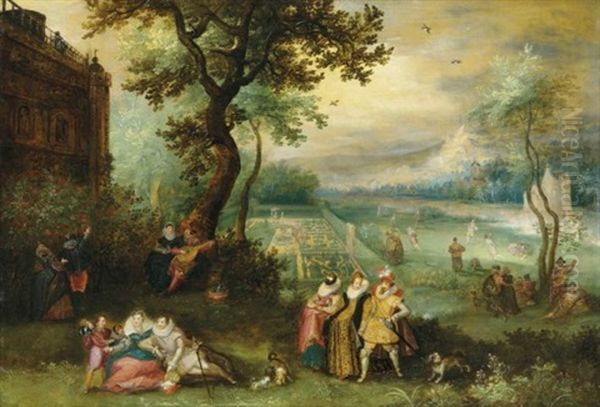 Elegant Company Making Merry In An Ornamental Garden By A Country House - An Allegory Of The Five Senses - view 1