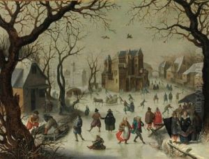 A Winter Landscape With A Horse-drawn Sledge And Figures Skating And Sledding