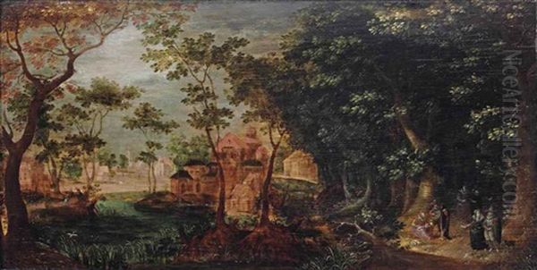 A Wooded Landscape With An Elegant Party And A Town Beyond - view 1