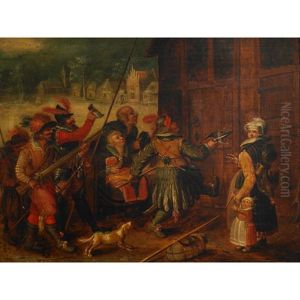Spanish Soldiers And Village Onlookers by Johannes Vinckeboons