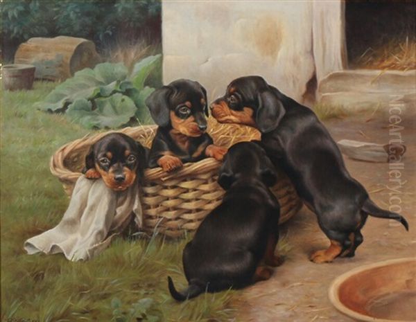 Four Puppies In A Basket - view 1