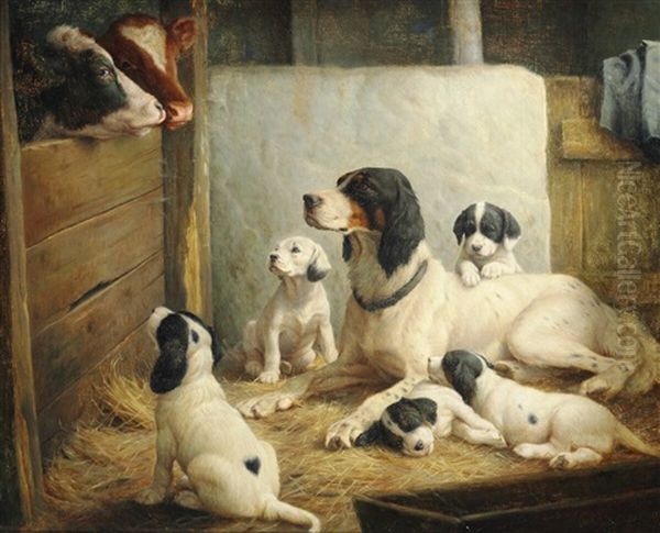 English Setter With A Litter Of Puppets In The Barn - view 1
