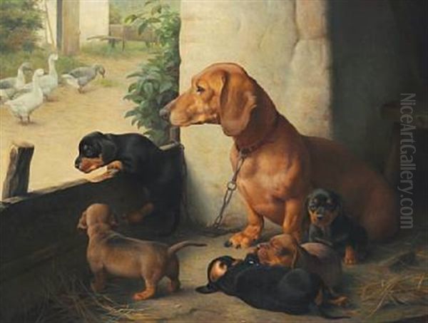 A Dashhound With Puppies In The Courtyard - view 1