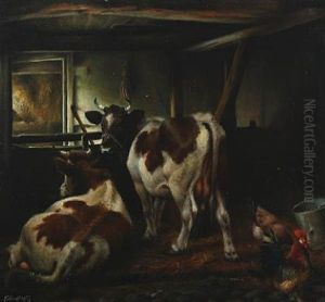 Interior Of A Stable With Cows And A Cock by Ejnar Vindfeldt
