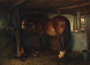 Interior Of A Stable With Horse And Fowls by Ejnar Vindfeldt
