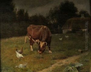 Hons Og Graessende Ko Foran Bondegard by Ejnar Vindfeldt
