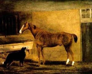 Portrait Of A Chesnut Horse And A Collie In A Loosebox