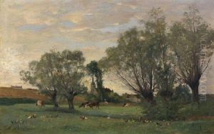 Vaches Et Poules Dans Un Pre by Jacques Alfred Brielman
