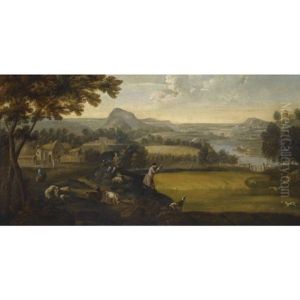 An Extensive Landscape With Figures And A Gentleman Shooting Over Pointers
