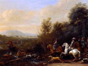 Hirschjagd In Einer Bewaldeten Landschaft by Jan van der Vinne the Elder