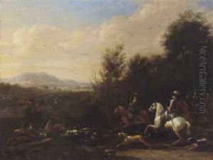 A Wooded Landscape With A Stag Hunt by Jan van der Vinne the Elder