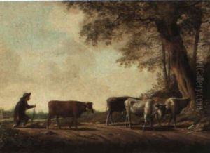 Landscape With Cattle Being Driven Along A Path By A Herder by Jan van der Vinne the Elder