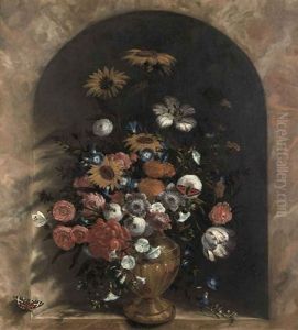 Sunflowers, Roses, Tulips And Other Flowers In A Guilded Vase In A Trompe-l'oeil Marble Niche
