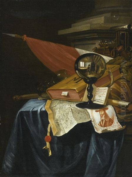 A Vanitas Still Life With A Crystal Ball Reflecting An Image Of The Artist At His Easel, A Book, A Lute, A Flag, A Chipped Roemer, A Flute, A Baton, An Hourglass... - view 1