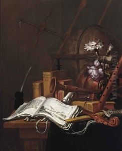 A Vanitas Still Life With An Illustrated Book, Shells, A String Of Pearls, Musical Instruments, A Globe, Books And Flowers In A Glass Vase...