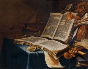 A Vanitas Still Life With A Globe, An Hourglass, A Rose, A Skull, Musical Instruments, Papers And Books On A Draped Table by Vincent Laurentsz. van der Vinne I