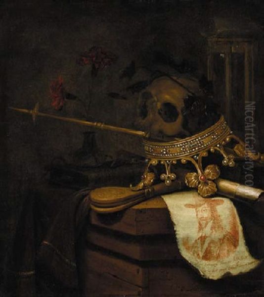 A Vanitas Still Life With A Crown, A Skull, Castanets, Carnations In A Glass Vase, An Hourglass, A Scroll And An Engraved Portrait Of King Charles I - view 1
