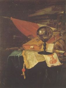 A Vanitas Still Life With The Artist At His Easel Reflected In A Crystal Ball, Portrait Engraving Of King Charles I And Other Objects On A Partly Draped Table by Vincent Laurentsz. van der Vinne I