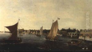 Bateaux Navigant Sur Une Riviere Bordant Des Maisons by Vincent Laurentsz. van der Vinne I