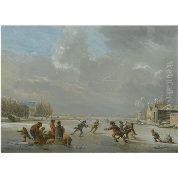 Winter Landscape With Skaters On A Frozen Lake - view 1