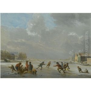 Winter Landscape With Skaters On A Frozen Lake by Vincent Jans van der Vinne