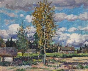 Russian Landscape With Birch Trees And Wooden Houses On A Sunny Day by Sergei Arsenievich Vinogradov