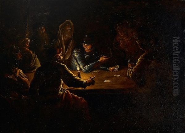 A Soldier In Armor And Others Playing Cards At A Table By Candlelight - view 1