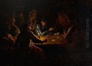 A Soldier In Armor And Others Playing Cards At A Table By Candlelight by Domenico Viola