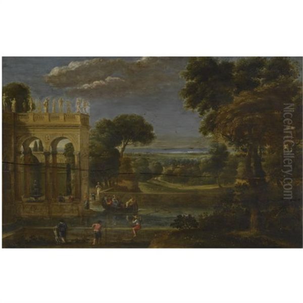 A Classical Wooded Landscape With Figures By A Palace - view 1