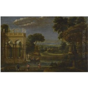 A Classical Wooded Landscape With Figures By A Palace