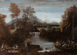 A River Landscape With Elegant Figures Feasting And Playing Music, A Town Beyond