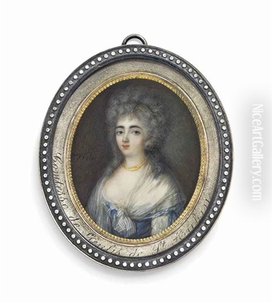 Stephanie Felicite Ducrest De Saint-aubin, Comtesse De Genlis (1746-1830), In White Dress With Blue Bodice And Blue Bows Tied At Her Upper Arm, Striped Gauze Scarf Tied At Corsage - view 1