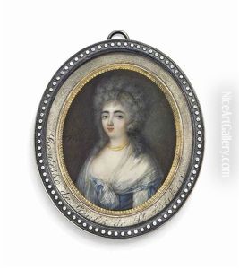 Stephanie Felicite Ducrest De Saint-aubin, Comtesse De Genlis (1746-1830), In White Dress With Blue Bodice And Blue Bows Tied At Her Upper Arm, Striped Gauze Scarf Tied At Corsage