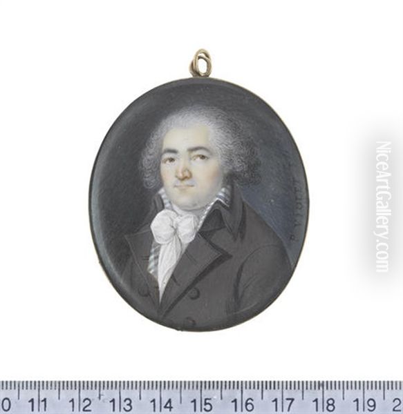 A Gentleman, Wearing Brown Coat, Blue And White Striped Waistcoat, Tied White Cravat And Powdered Wig - view 1