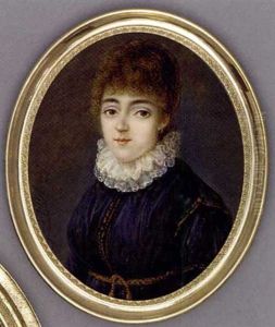 Mrs Burkinshaw, In Black Dress Tied With Brown Rope Belt And High Double Frilled Lace Collar, Gold Hoop Earring, Curling Brown Hair