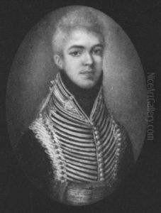 An Officer Of The 14th Light Dragoons, Wearing Dark Blue Jacket With Blue-edged Orange Collar, All Heavily Laced In Silver And Crimson Barrel Sash